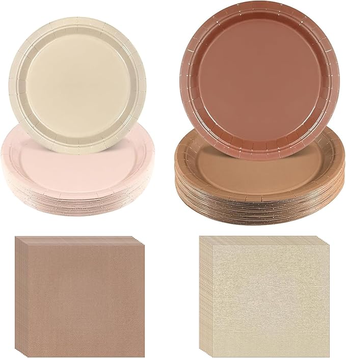 180Pcs Brown Paper Plates Party Supplies Boho Paper Plates and Napkins Serve 60 Disposable Tableware Set for Birthday Party Decorations Game Day Family School Holiday Sports Events