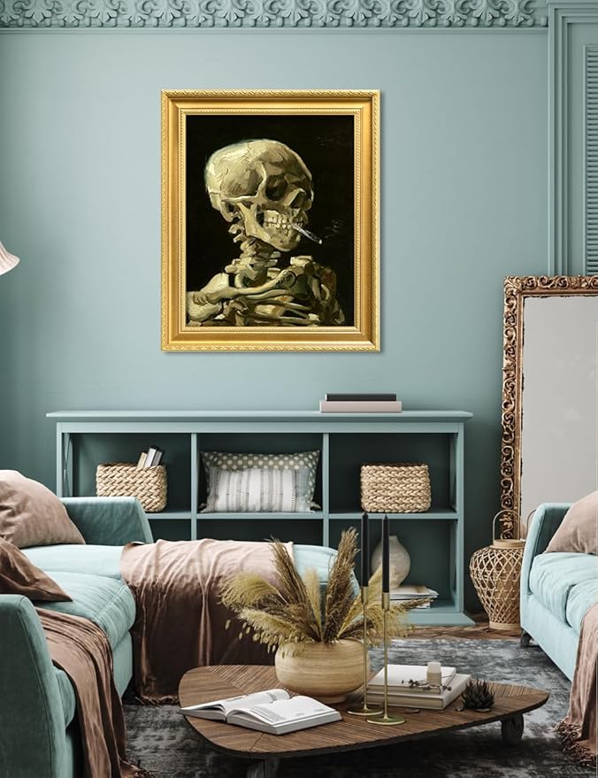 DECORARTS - Head of a Skeleton with a Burning Cigarette by Vincent Van Gogh. Giclee Print on Acid-Free Canvas in Gold Solid Wood Frame. Picture Size: 16x20, Total Size: 24.75x20.75, Made in USA