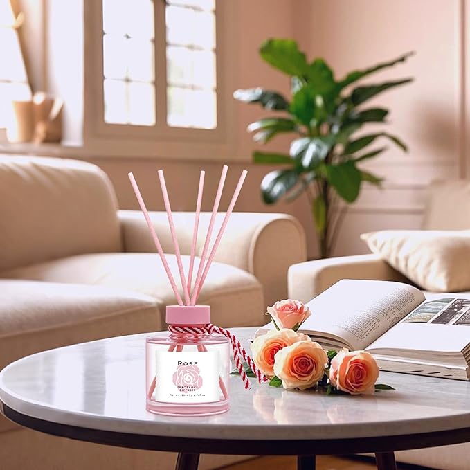 Rose Reed Diffuser Set, 6.77OZ(200ML) Large Capacity Natural Non-Toxic Oil, Reed Diffusers Set for Home