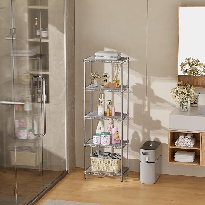 SINGAYE 5 Tier Shelf Wire Shelving Adjustable Storage Shelves Rack Standing Units for Kitchen Closet Laundry Bathroom Organizers Metal Pantry Narrow Mesh Gaps 10" D x 16" W x 55" H Gray