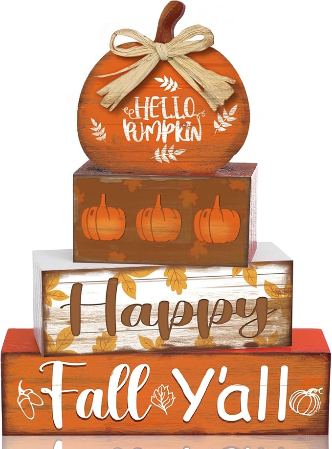 4 Pcs Fall Decor for Home Hello Pumpkin Wooden Signs with Blessed Autumn Tiered Tray Decor Farmhouse Pumpkin Tabletop Centerpiece Maple Leaf Block Signs for Fall Thanksgiving Office Kitchen Shelf