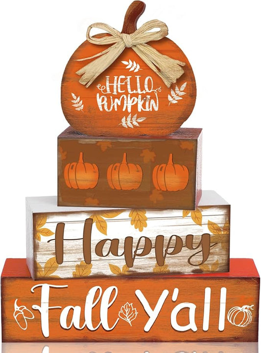 4 Pcs Fall Decor for Home Hello Pumpkin Wooden Signs with Blessed Autumn Tiered Tray Decor Farmhouse Pumpkin Tabletop Centerpiece Maple Leaf Block Signs for Fall Thanksgiving Office Kitchen Shelf