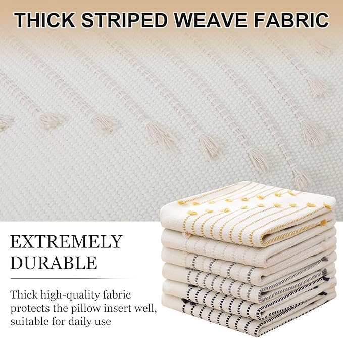 Mecatny Boho Outdoor Throw Pillow Covers 18X18 Set of 2, Farmhouse Decorative Pillow Covers for Couch Sofa Living Room, Beige & Cream White