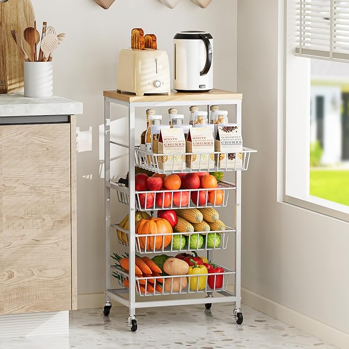 Snack Cart, 5-Tier Kitchen Carts on Wheels with Storage,Fruit Basket Stand with Pull-Out Baskets and Wood Top,Kitchen Organizer for Fruit Vegetable Snack (Oak Beige)