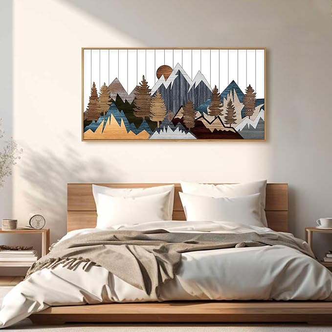 CHDITB Framed Wood Mountain Wall Art, 20"x40" Large Country Woodcut Style Wall Decor, Rustic Forest Nature Wall Painting, Modern Canvas Art Prints for Living Room, Bedroom, Farmhouse, Office