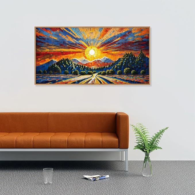 HOURIA Large Natural Mountain Forest Framed Canvas Wall Art Set,Wilderness Sunrise Wall Decor,Boho Pine Tree Square Ridge Artwork,Modern Field Art Print for Living Room, Office, Farmhouse- 20"x40"x1