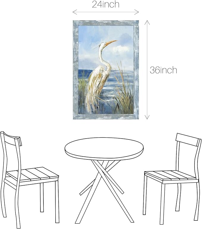 Sea Bird Wall Art Painting: Framed Wooden Blue Coastal Ocean Scene Artwork Heron on Beach Picture Modern Bedroom Bathroom Living Room Decoration Home Office Decor 36”x24”