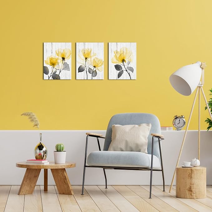 Saypeacher Yellow Flower Canvas Wall Art Yellow and Grey Bathroom Pictures Prints Yellow White Floral Painting