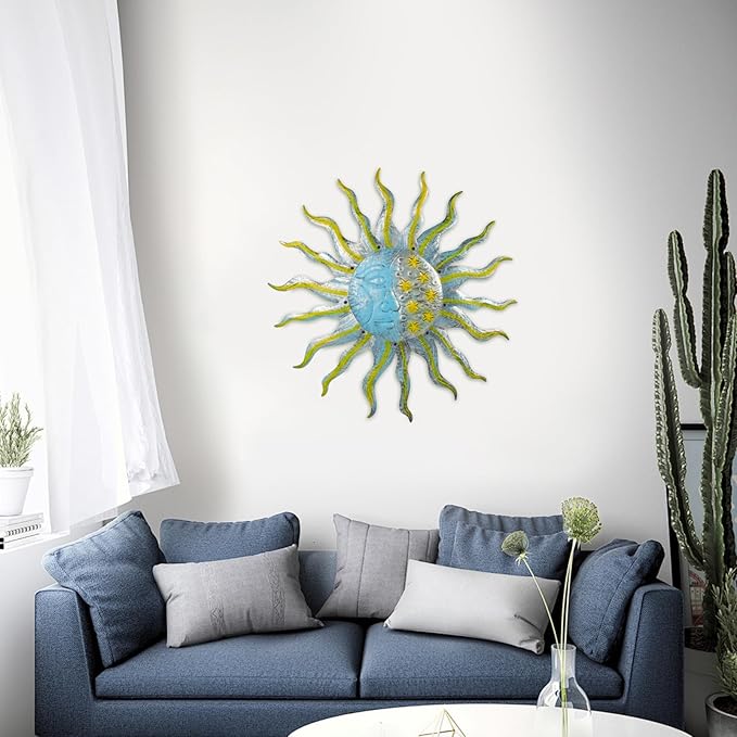 Large Metal Sun Wall Decor Outdoor, 27 Inch Sun and Moon Decor Metal Wall Art, 3D Sun Wall Decor for Patio Garden Yard Fence Bedroom Living Room Decoration