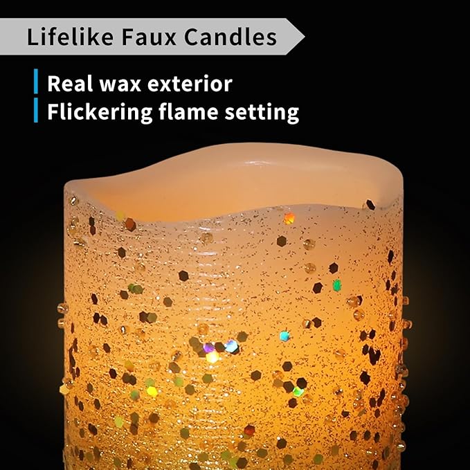 FURORA LIGHTING Gold Glitter LED Candles with Remote and Timer, 4 Pillars and 4 Votives Pack of 8, Real Wax Flameless Flickering Candles for Home Décor, Battery Included