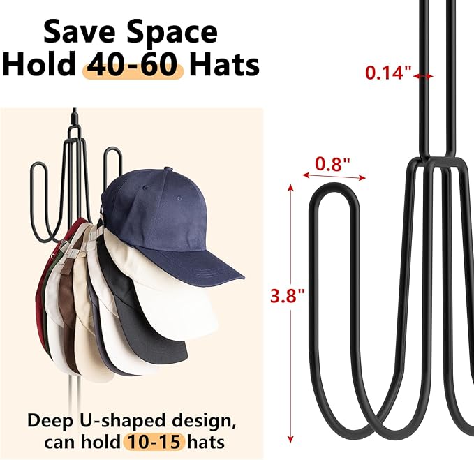 Hat Hangers for Closet, Stainless Steel Hat Organizer, Hat Racks for Baseball Caps, Cap Organizer for Baseball Caps, 2 Pack