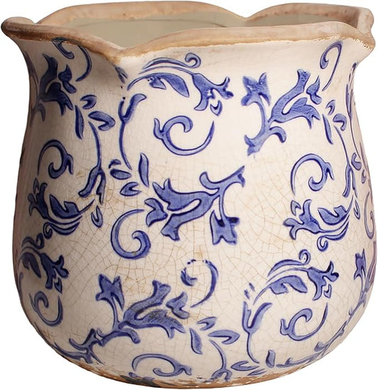 Ceramic Pots for Plants, Vintage Plant Pot with Drainage Hole, 6.11in. Planter for Indoor Plants, Crackle Glaze Finish Flower Pot, Perfect Tuscan Ceramic Planter for Gardening, Blue Swirls