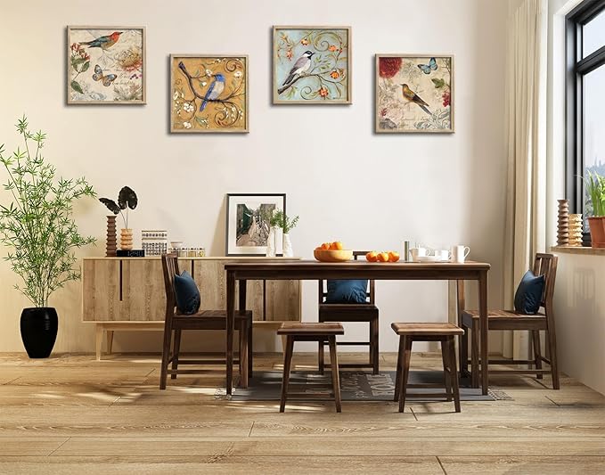 Large Framed Flowers Birds Canvas Wall Art for Bedroom Floral Wall Decor Butterfly Picture Artwork Vintage Prints Paintings for Living Room Bathroom Kitchen Decorations 16"x16"