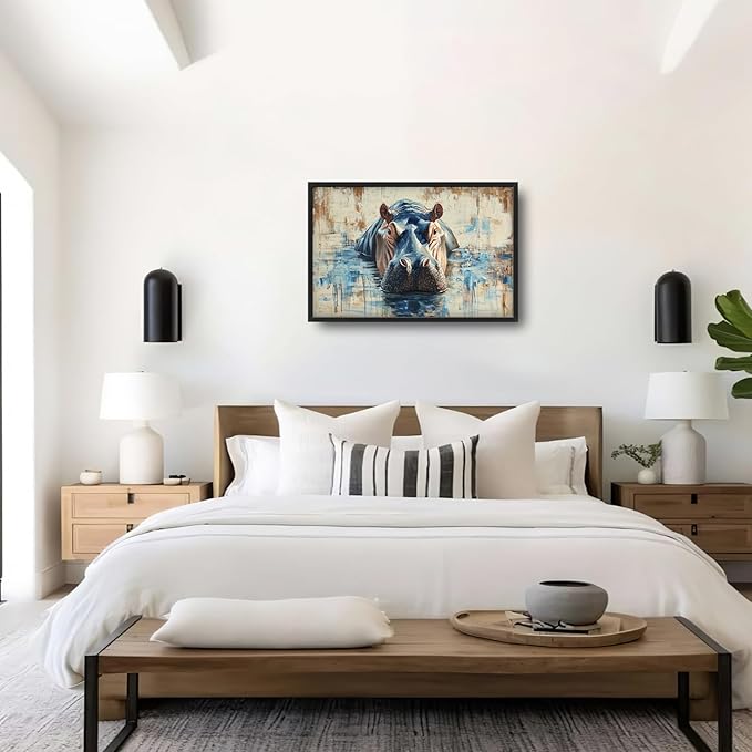 Extra Large Framed Abstract Hippo Wall Art,Oversized African Hippopotamus Wild Animal Wall Decor,Vintage Pictures for Living Room,Canvas Print Painting Modern Artwork Bedroom Office Bathroom 36L x24W