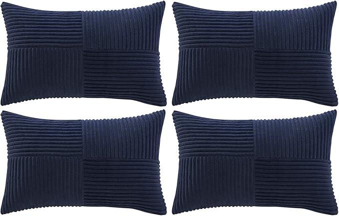 Fancy Homi 4 Packs Navy Blue Lumbar Decorative Throw Pillow Covers 12x20 Inch for Living Room Couch, Rustic Farmhouse Boho Home Decor, Soft Striped Corduroy Rectangle Accent Cushion Case 30x50 cm