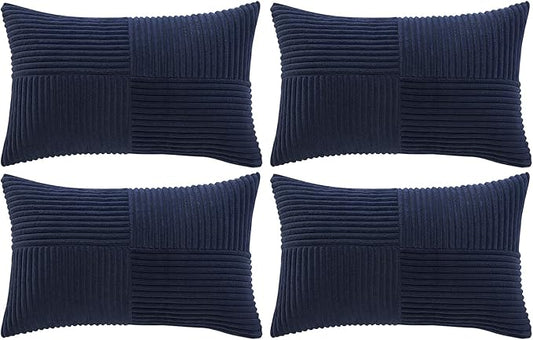 Fancy Homi 4 Packs Navy Blue Lumbar Decorative Throw Pillow Covers 12x20 Inch for Living Room Couch, Rustic Farmhouse Boho Home Decor, Soft Striped Corduroy Rectangle Accent Cushion Case 30x50 cm