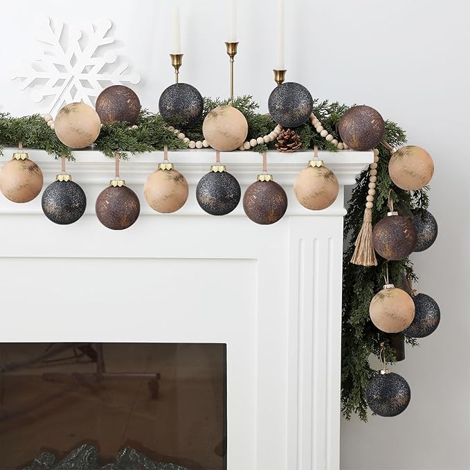 24 Pcs Neutral Textured Christmas Ball Ornaments 2.36'' Vintage Christmas Tree Decor Modern Rustic Brown Ornaments with Loop Shatterproof Hanging Ball for Xmas Farmhouse Decor (Vintage Copper)