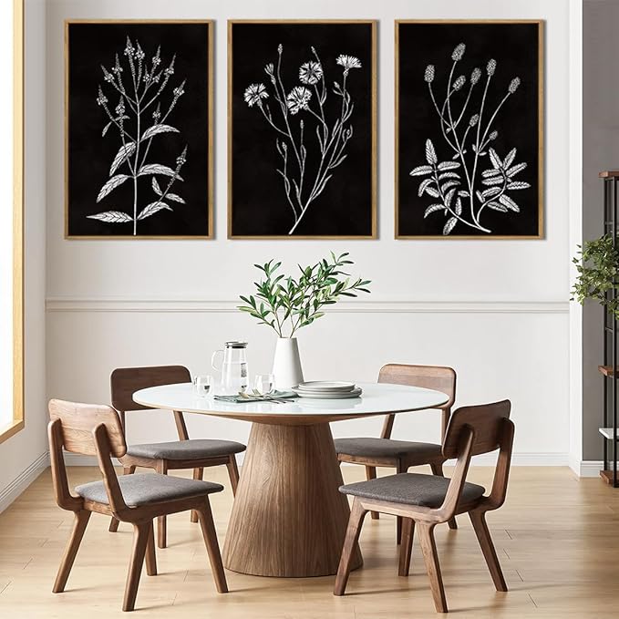 Extra Large Black and White Floral Wall Art Framed Botanical Wall Decor 3 Pieces for Bathroom Living Room Bedroom 24x36 Inch