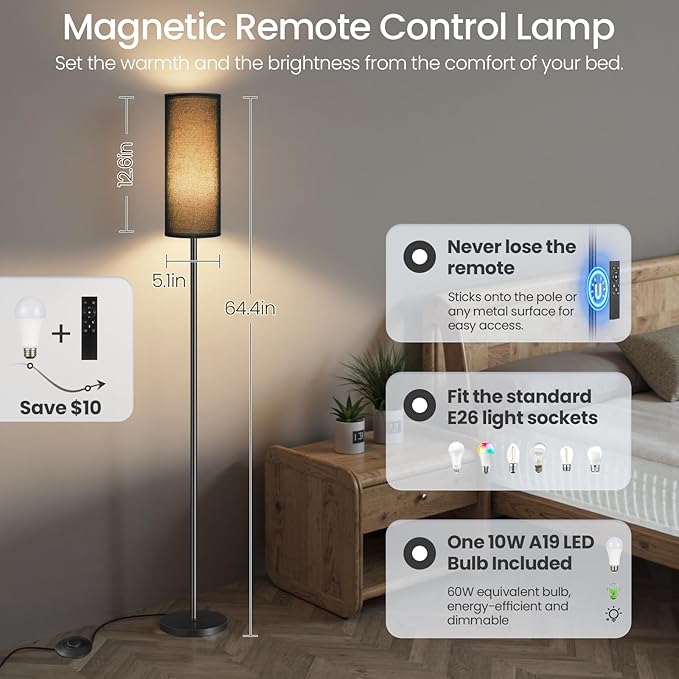 Dimmable Black Floor Lamp for Living Room with Remote and Foot Switch, Corner Floor Lamp for Bedroom, Modern Standing Tall Lamp, 10W 900LM Bulb Included, 3000K-6500K, Linen Shade, FCC Listed B06LD05W1