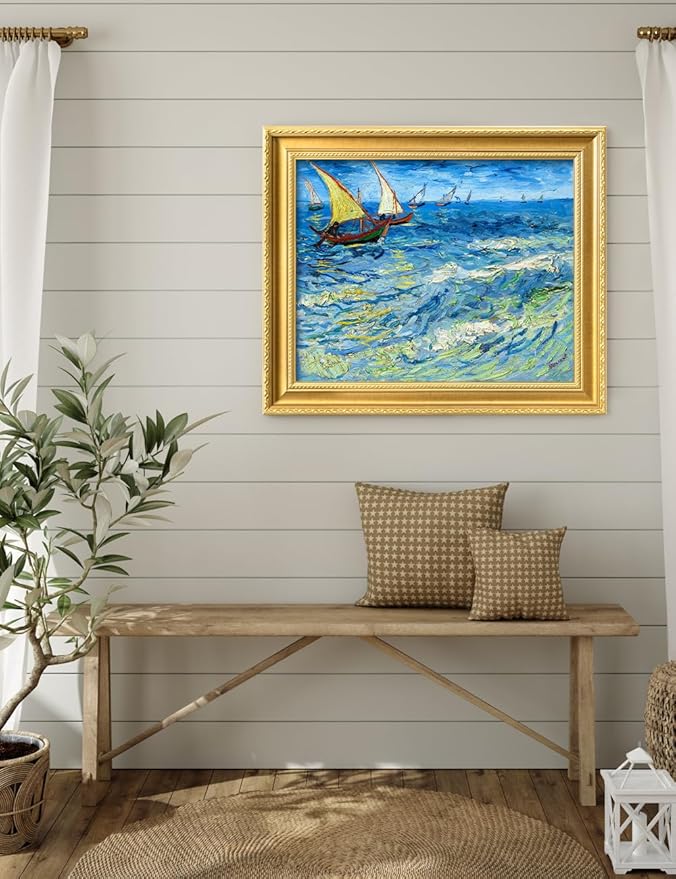 DECORARTS - Fishing Boats at Sea by Vincent Van Gogh. Giclee Print on Acid-Free Canvas in Gold Solid Wood Frame. Picture Size: 20x16, Total Size: 24.75x20.75, Made in USA