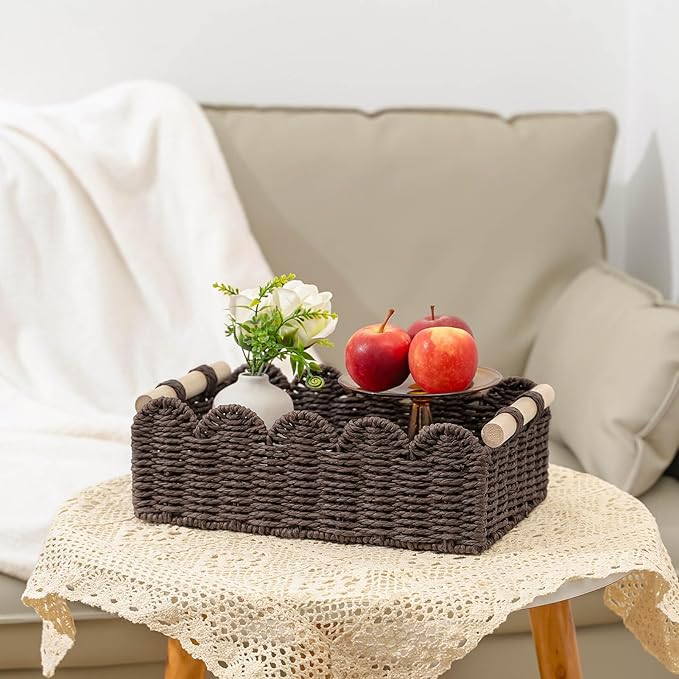 CubesLand Paper Rope Scalloped Edge Shelves Baskets Set 2, Idea for Over Toilet Storage Shelf, End Table, Nightstand, Toilet Tank Basket with 2 Wood Handle, Stylist&Useful Both Storage&Decor, Brown