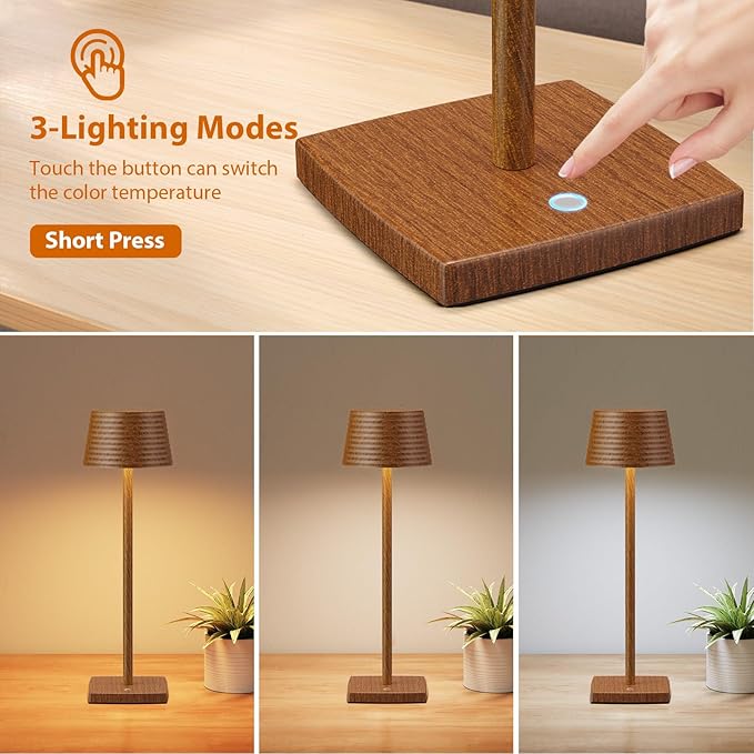 2Pack Cordless Table Lamps Rechargeable,Battery 6000mAh LED Portable Lights for Outdoor/Patio/Restaurant/Indoor Desk Lamp - IP54 Waterproof 3 Colors Stepless Dimming (2pack Wood Grain)
