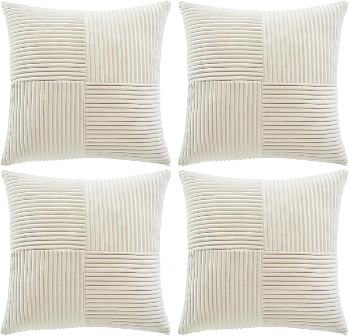 Fancy Homi 4 Packs Boho Cream Decorative Throw Pillow Covers 18x18 Inch for Living Room Couch Bed Sofa, Rustic Farmhouse Home Decor, Soft Cross Corduroy Patchwork Textured Square Cushion Case 45x45 cm