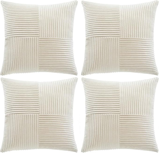 Fancy Homi 4 Packs Cream Decorative Throw Pillow Covers 16x16 Inch for Living Room Couch Bed Sofa, Rustic Farmhouse Boho Home Decor, Soft Cross Patchwork Corduroy Textured Square Cushion Case 40x40 cm