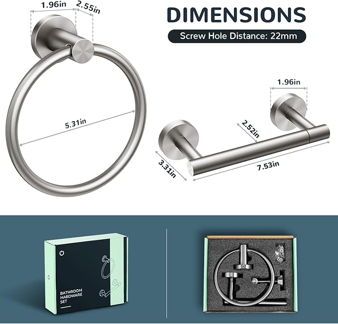 FORIOUS Toilet Paper Holder Wall Mount, SUS304 Stainless Steel Double Post Pivoting Tissue Roll Holder and Hand Towel Ring Set for Bathroom, RV, Bathroom Hardware Accessories Set, Brushed Nickel