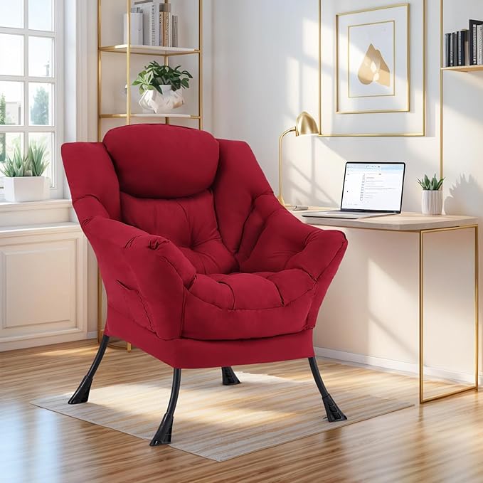 Lazy Chair for Living Room, Modern Accent Chairs with Armrests, Comfy Lounge Chair with Side Pocket, Cozy Lazy Sofa for Reading, Balcony, Bedroom, Dorm, Small Spaces (Burgundy)