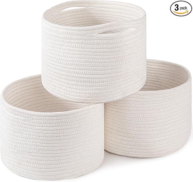 OIAHOMY Small Storage Baskets for Organizing,Closet Cube Shelf Storage, 9.8”×9.8”×7.1”, Woven Cotton Rope Gift Baskets for Nursery,Cute Dog Toy bins, Round 3 Packs, White