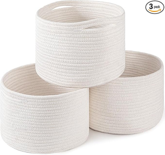 OIAHOMY Small Storage Baskets for Organizing,Closet Cube Shelf Storage, 9.8”×9.8”×7.1”, Woven Cotton Rope Gift Baskets for Nursery,Cute Dog Toy bins, Round 3 Packs, White
