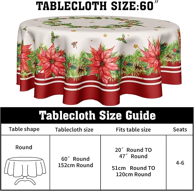 Kawani Christmas Round Tablecloth 60 Inch Holiday Tablecloth Decor Winter Merry Christmas Table Cloth Polyester Fabric Washable Xmas Table Cover for Kitchen Dining Room Outside Decoration