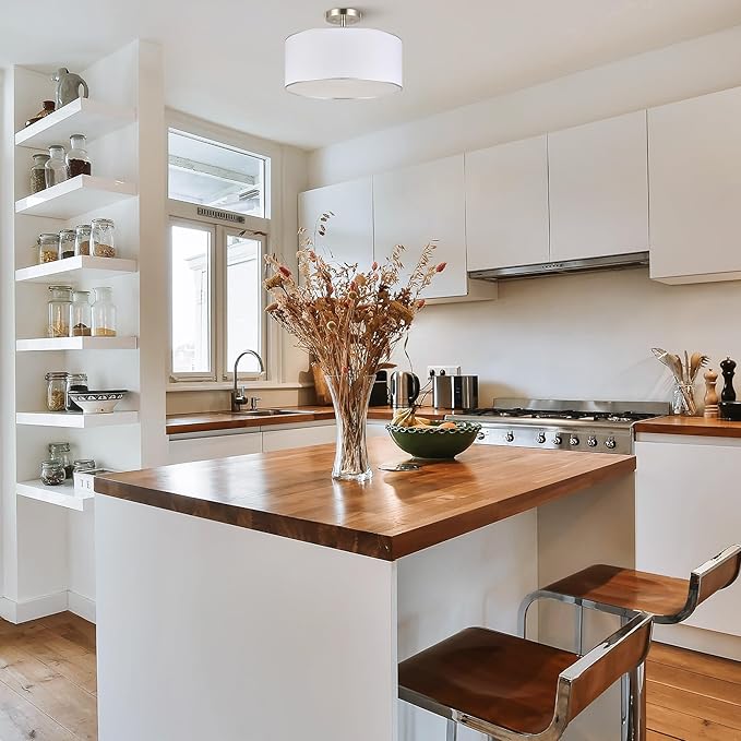 VONLUCE Semi Flush Mount Ceiling Light, 18" Drum Light Fixture with Diffused Shaped, Modern Drum Light Fixture for Bedroom Living Room Entryway Hallway, White Shade & Nickel Finish