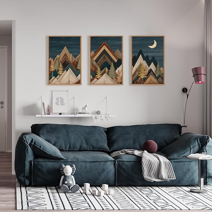 HPINUB Mountain Woodcut Style Framed Canvas Wall Art Set,Vintage Pine Tree Wall Decor, Nature Country Wilderness Forest Artwork,Modern Navy Blue Art Prints for Living Room,Bedroom,Farmhouse-16 x24 x3