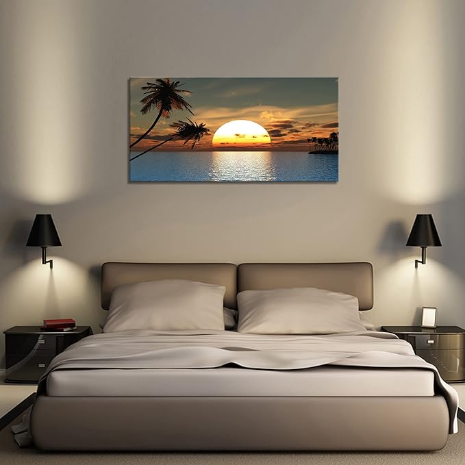 DZL Art S75650 Sunset Coconut Palm Trees Canvas Wall Art Palm Trees on the small island Tropical Scenery Nature Canvas prints Pictures for Living Room Home Office Wall Decor Artwork