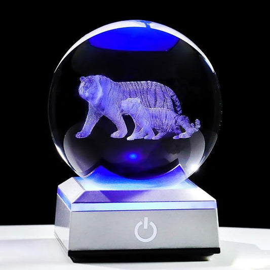Ornalrist 3D Tiger's Crystal Ball with LED Light Base 3.15in - Tiger Gifts for Women, Mom on Mother's Day from Son, Daughter - 3D Crystal Ball Lamp Engraved Tiger Mother & Child Figurine Home Decor