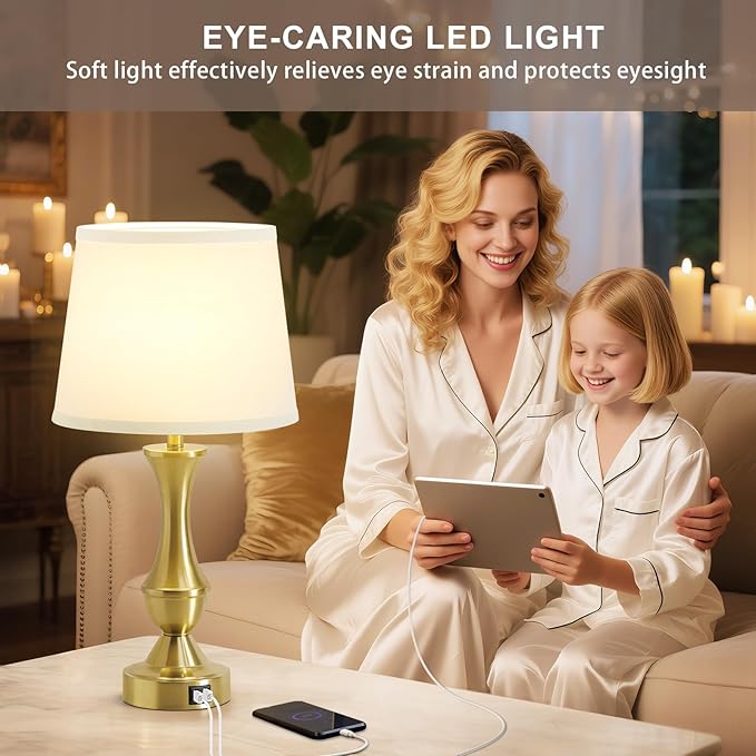 Luvkczc 22" Gold Table Lamps Set of 2 - Modern Luxury Bedside Lamps with White Fabric Shade, 3-Way Dimmable & Dual USB C+A Ports, Nightstand Lamps for Bedroom/Living Room (Bulb Included)