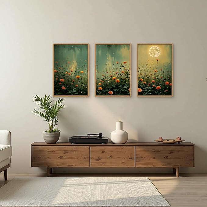 HOURIA Mystical Midnight Wildflower Framed Canvas Wall Art Set,Moonlit Orange Floral Wall Decor,Nature Inspired Landscape Artwork,Watercolor Art Prints for Living Room,Bedroom,Farmhouse-16 x24 x3
