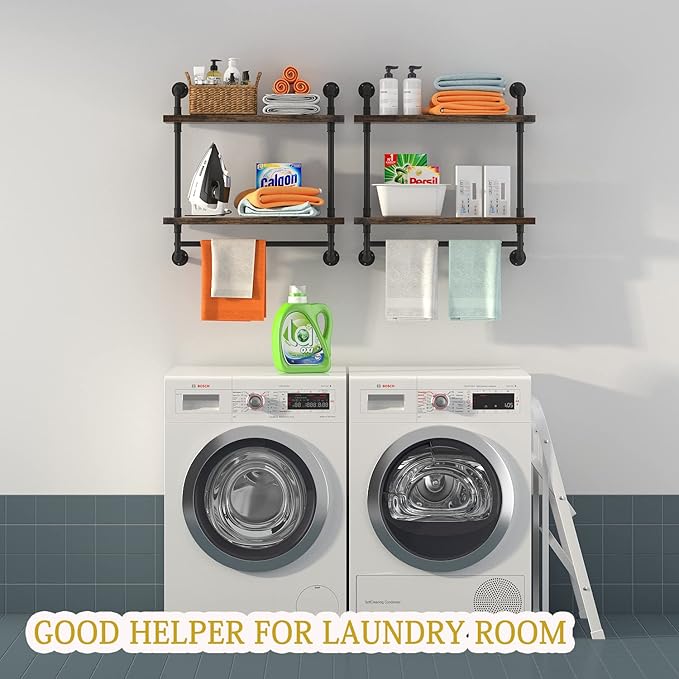 Helsin 24inch Industrial Pipe Shelving Bathroom Shelves Wall Mounted with Towel bar, 2 Tier Rustic Wood Floating Shelf, Metal Towel Rack Wall Shelf for Home & Bathroom (Brown, 24inch)