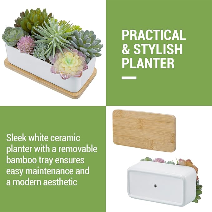 MyGift Assorted Artificial Succulent Plant Arrangement Potted in White Ceramic Planter Pot with Removable Bamboo Tray