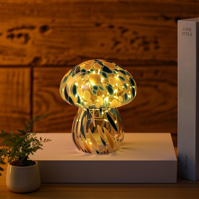 Small Glass Mushroom Table Lamp Night Light Bedside Desk Lamp for Bedroom Nightstand Light -Blue