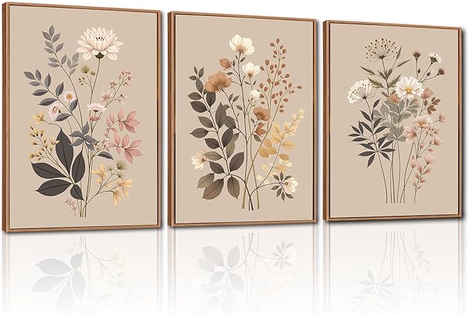 CHDITB Vintage Flower Framed Canvas Wall Art Set, Large Neutral Wildflowers Wall Decor, Farmhouse Floral Artwork Botanical Poster, Modern Art Prints for Living Room Bedroom Office Size 16"x24"