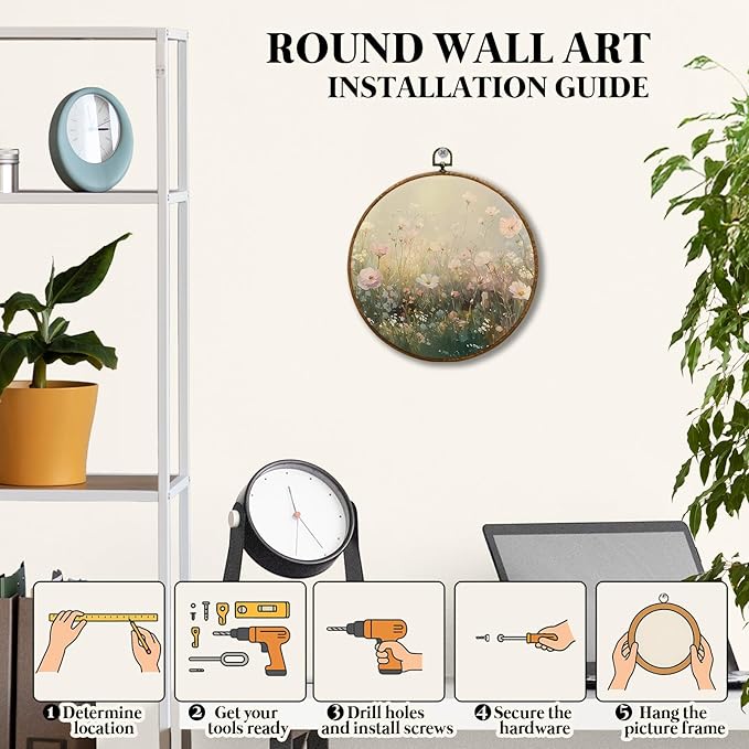 JUIOEIUVintage Wildflower Floral Round Wall Decor, Cottagecore Flower Botanical Framed Canvas Prints, Retro Rustic Floral Wall Art Hanging Decorations for Home Bedroom Living Room Décor Accents Decor, 10x10in