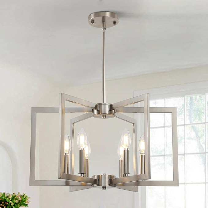 6-Light Modern Metal Geometric Chandelier，Kitchen Island Brushed Nickel Lighting Fixtures，Entryway Light Fixture Hanging Brushed Nickel，Farmhouse for Dining Room Chandelier