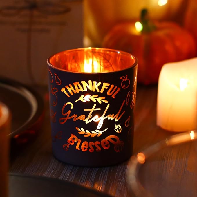 SHMILMH Glass Votive Candle Holders 4PCS Thanksgiving Tealight Candle Holders for Fall Table Centerpiece, Thanksgiving Decorations Indoor or Outdoor D閏or