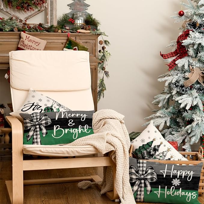 GEEORY Christmas Throw Pillow Covers 12 x 20 Inch Set of 4, Xmas Trees Merry and Bright Happy Holidays Farmhouse Decorative Cushion Cases for Home Decoration G584-12