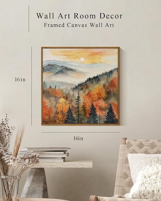 InSimSea Square Framed Canvas Wall Art, Farmhouse Nature Scenery Quiet Forest Awakening Wall Art Prints, Autumn Fall Classical Retro Home Decor for Living Room Bedroom Office 16"x16"