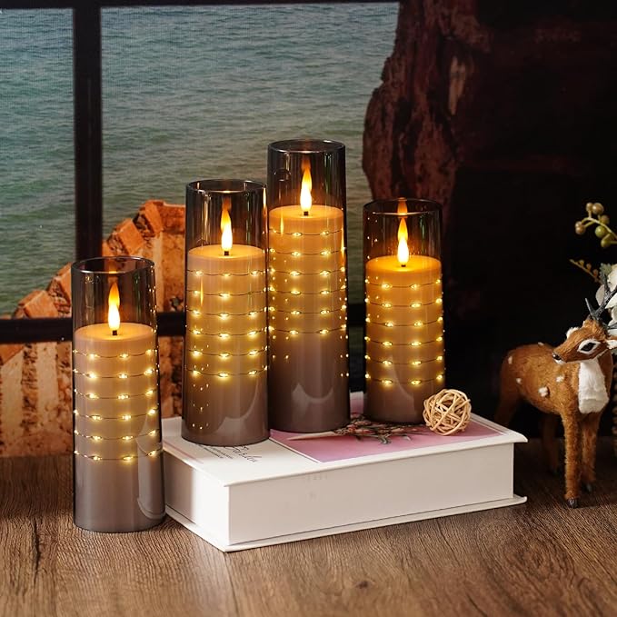 Flameless Candles with Embedded Star String - Flow Flicker Battery LED Candles, Realistic Flame, Grey Set of 5 | Holiday Decoration, Wedding, Party Adding to The Family Atmosphere