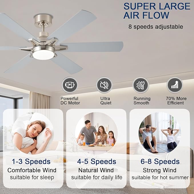 52in Ceiling Fans with Lights RGB Ceiling Fan with Light and Remote/APP Control,Low Profile Ceiling Fans with Lights for Bedroom,Living Room,Kids Room,3CCT Dimmable Modern Ceiling Fan, 8 Speeds,Nickel